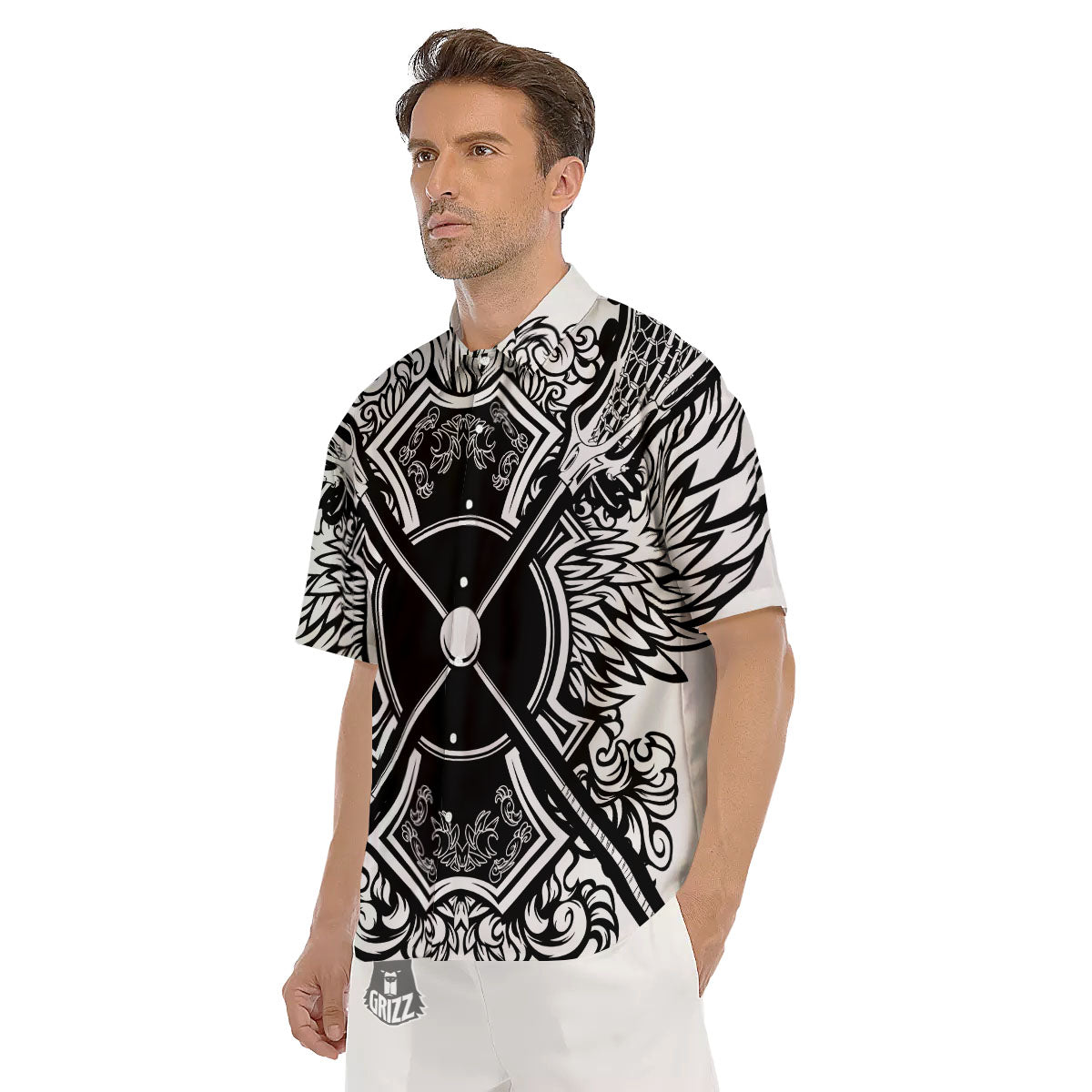 Sticks Lacrosse Ornate Wing Print Men's Short Sleeve Shirts-grizzshop