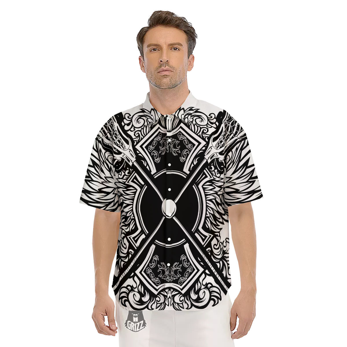 Sticks Lacrosse Ornate Wing Print Men's Short Sleeve Shirts-grizzshop