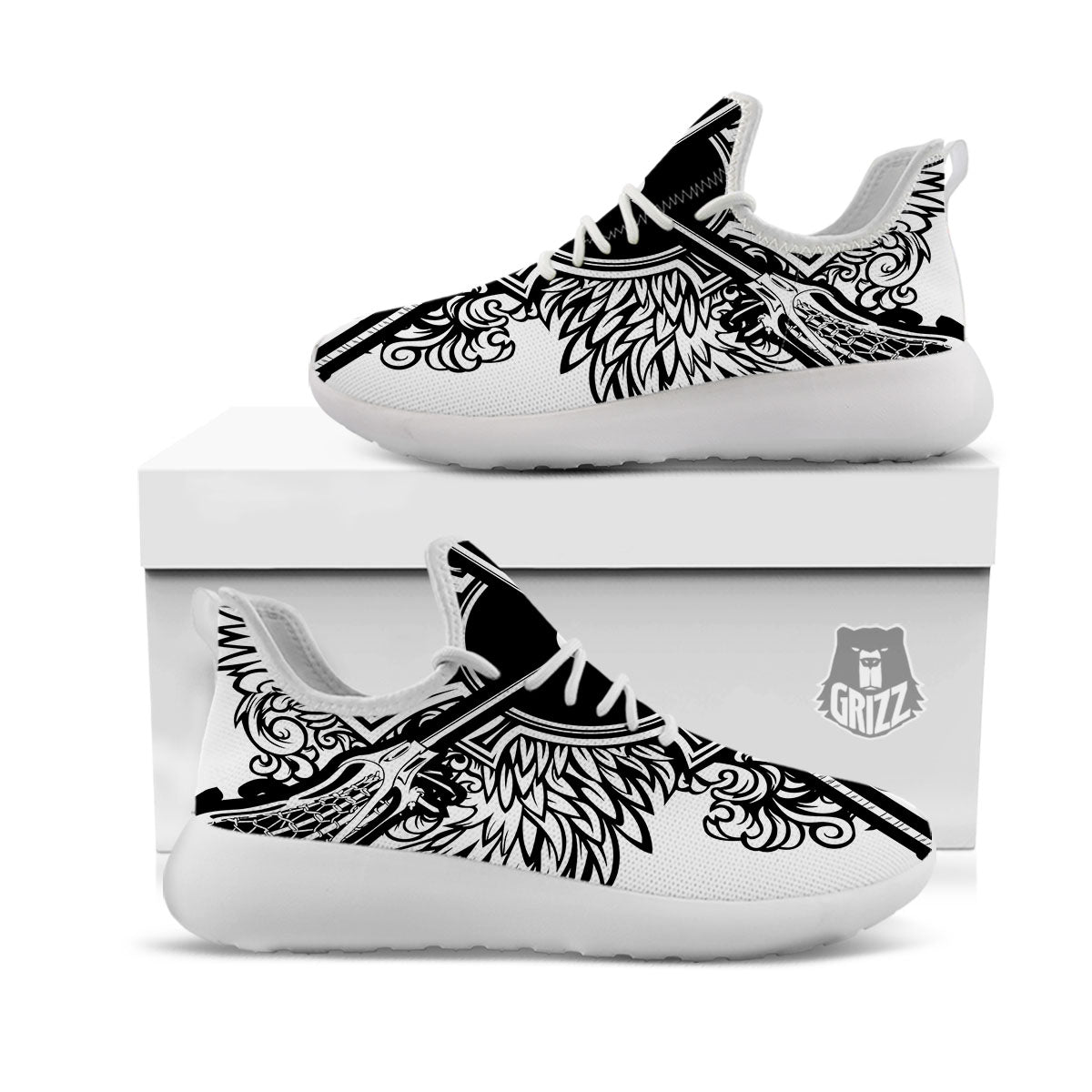 Sticks Lacrosse Ornate Wing Print White Athletic Shoes-grizzshop