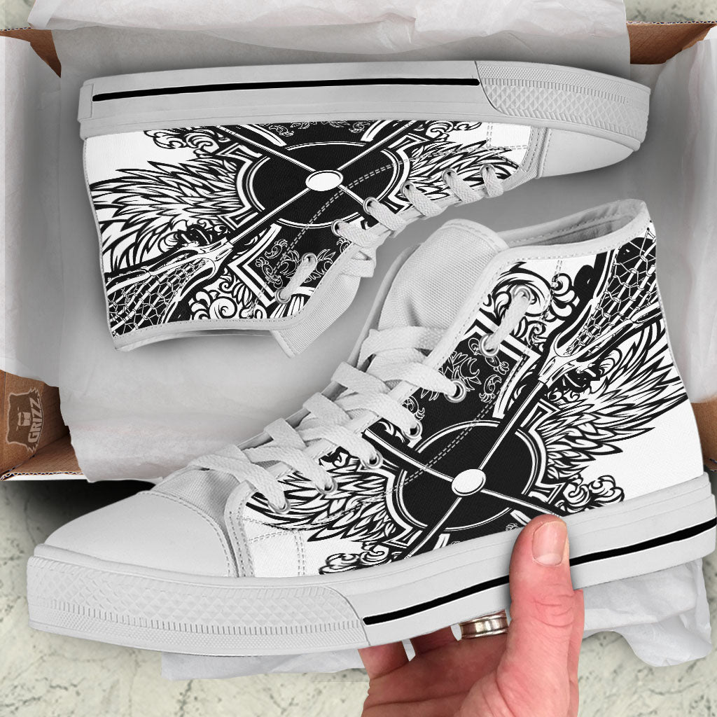 Sticks Lacrosse Ornate Wing Print White High Top Shoes-grizzshop