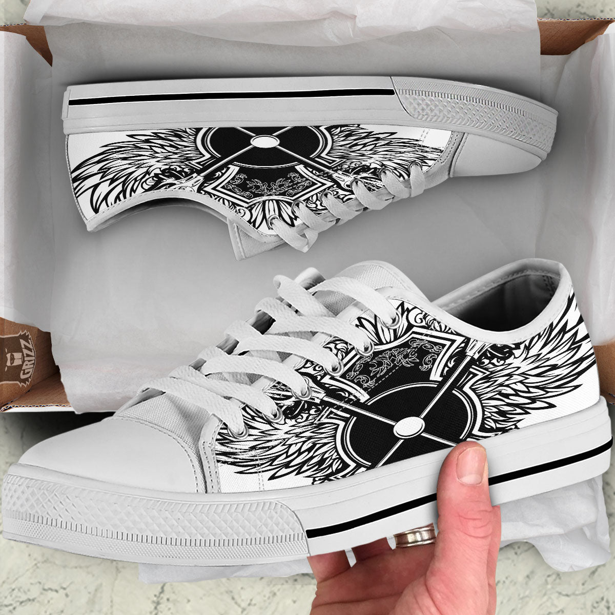 Sticks Lacrosse Ornate Wing Print White Low Top Shoes-grizzshop
