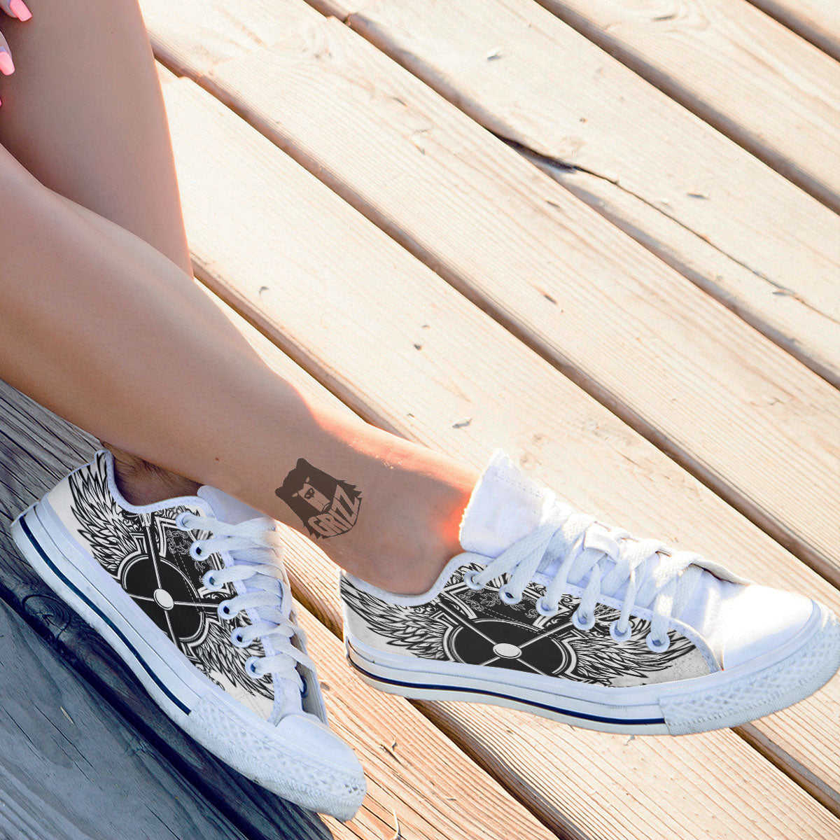 Sticks Lacrosse Ornate Wing Print White Low Top Shoes-grizzshop