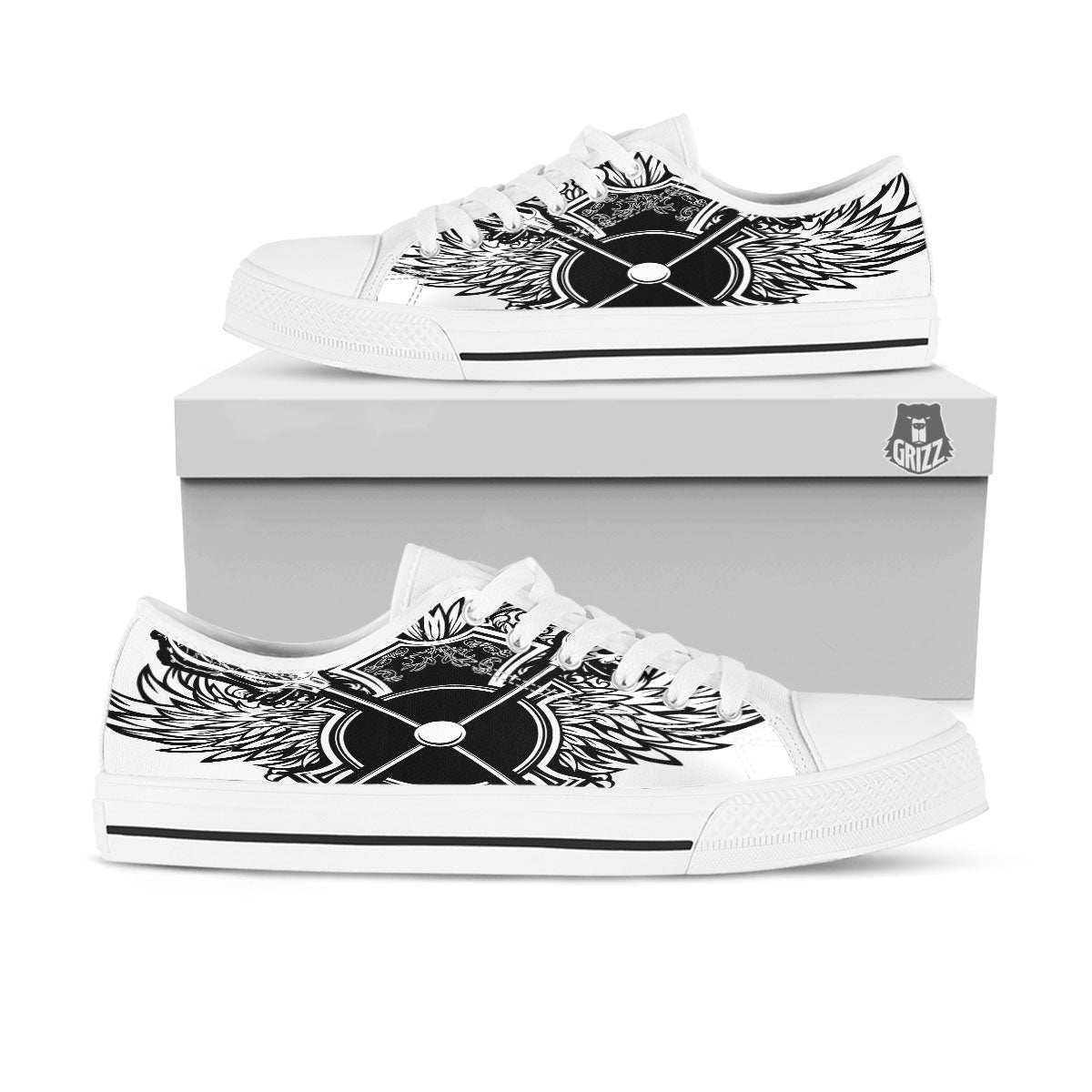 Sticks Lacrosse Ornate Wing Print White Low Top Shoes-grizzshop