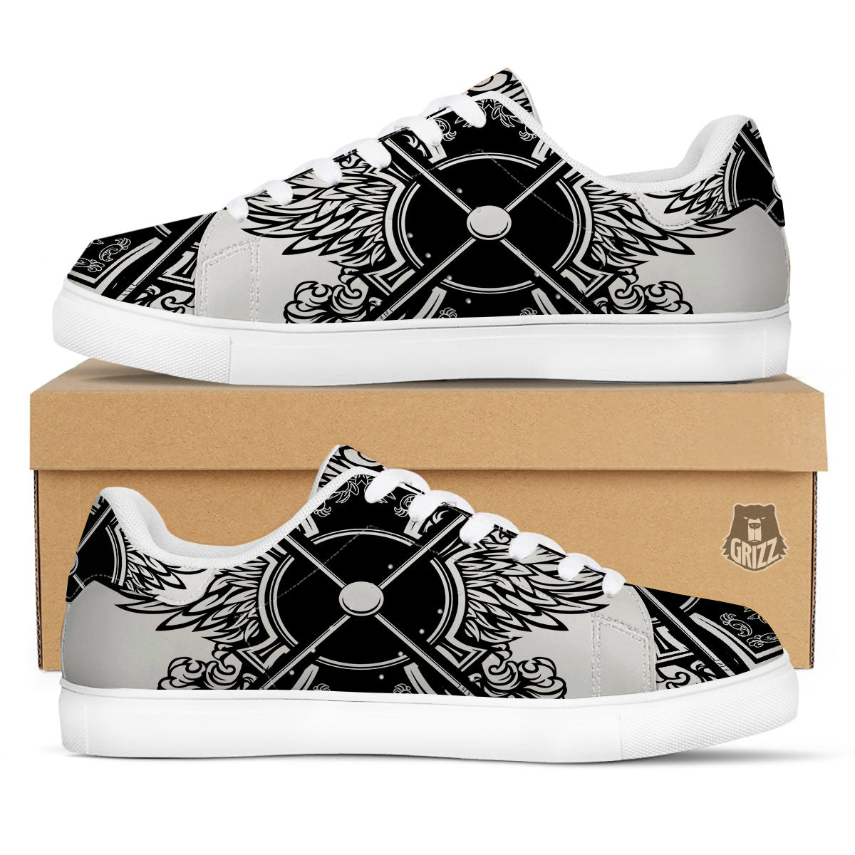 Sticks Lacrosse Ornate Wing Print White Low Top Sneakers-grizzshop