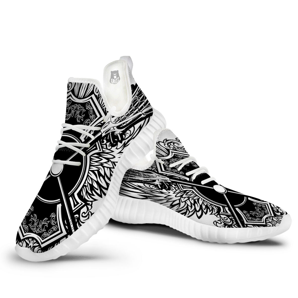 Sticks Lacrosse Ornate Wing Print White Walking Shoes-grizzshop