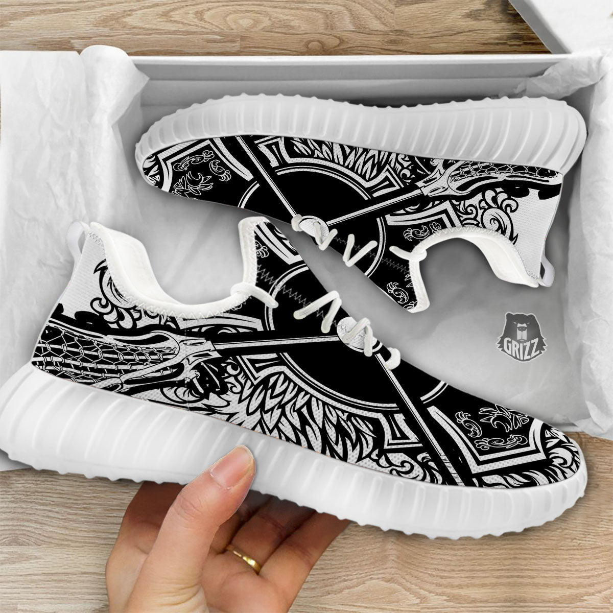 Sticks Lacrosse Ornate Wing Print White Walking Shoes-grizzshop