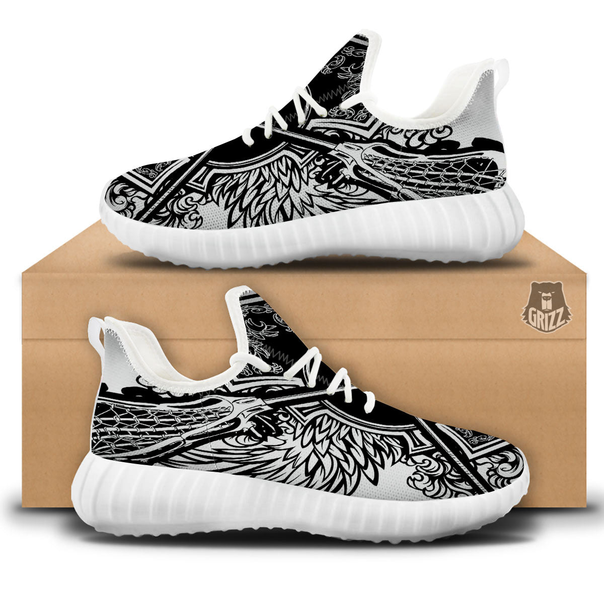 Sticks Lacrosse Ornate Wing Print White Walking Shoes-grizzshop