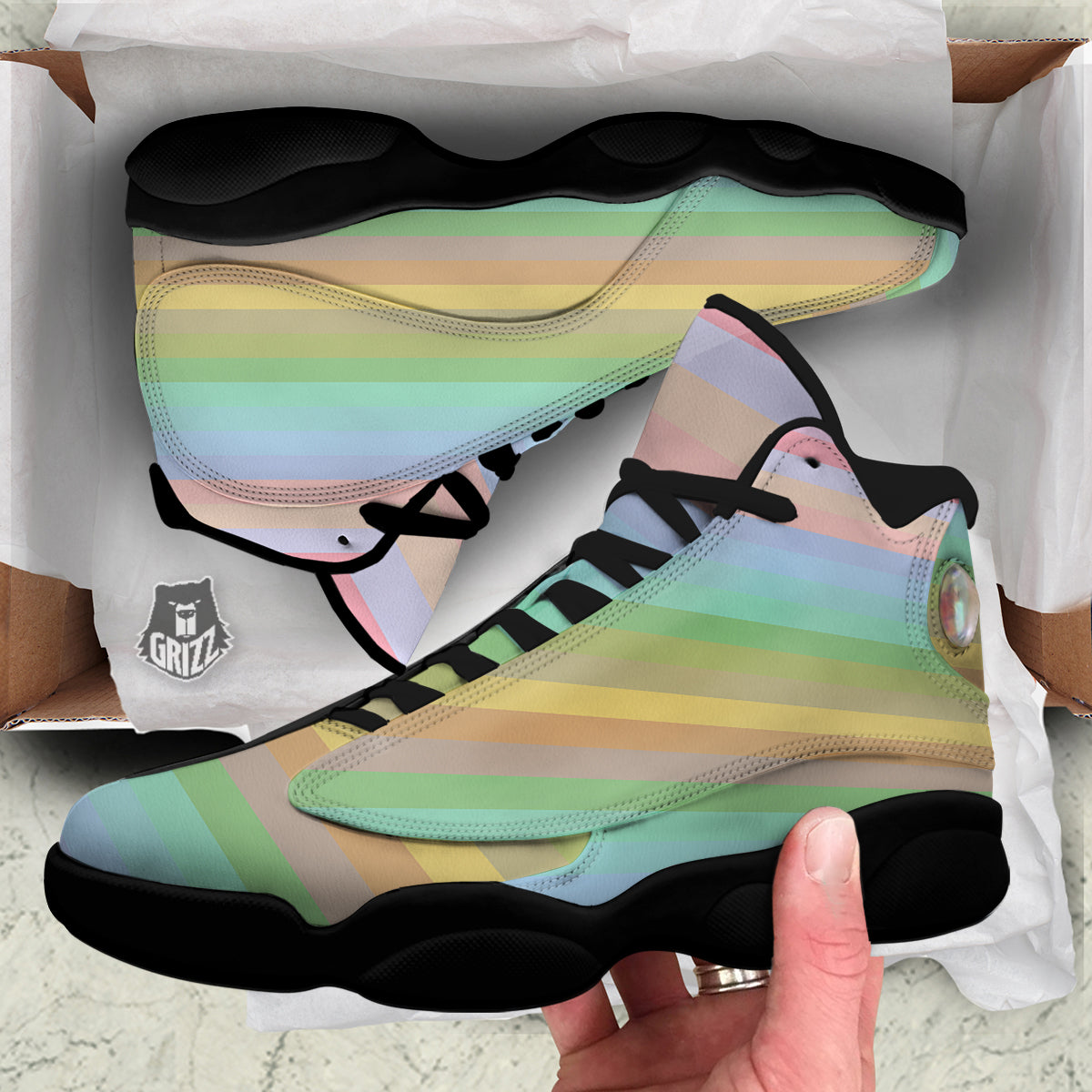 Stiped Rainbow Pastel Print Black Basketball Shoes-grizzshop