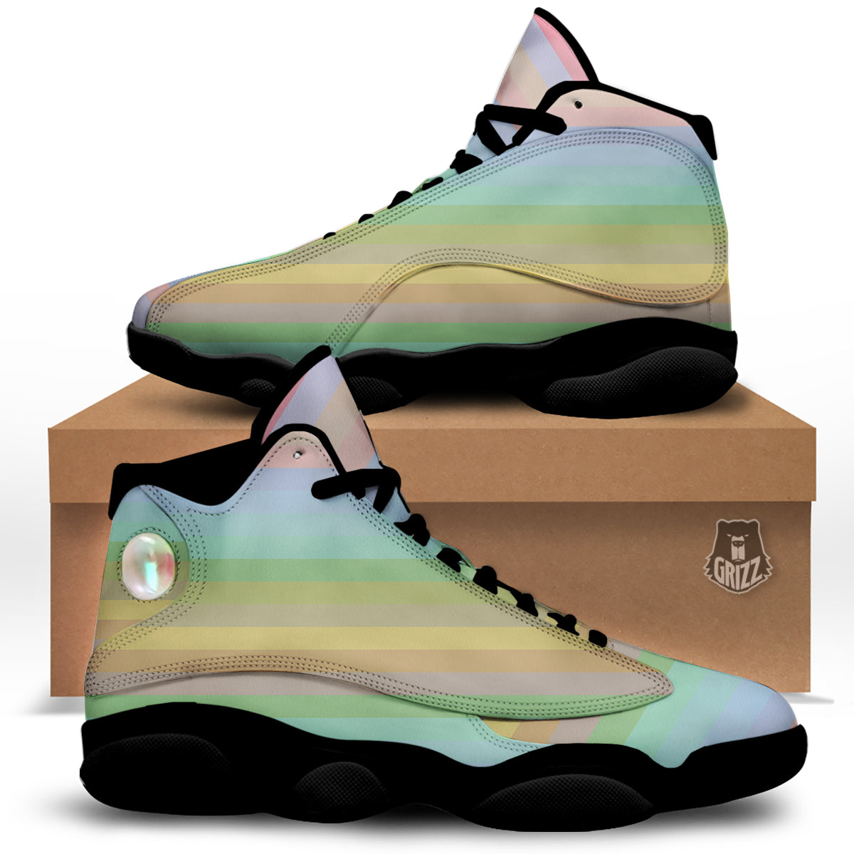 Stiped Rainbow Pastel Print Black Basketball Shoes-grizzshop