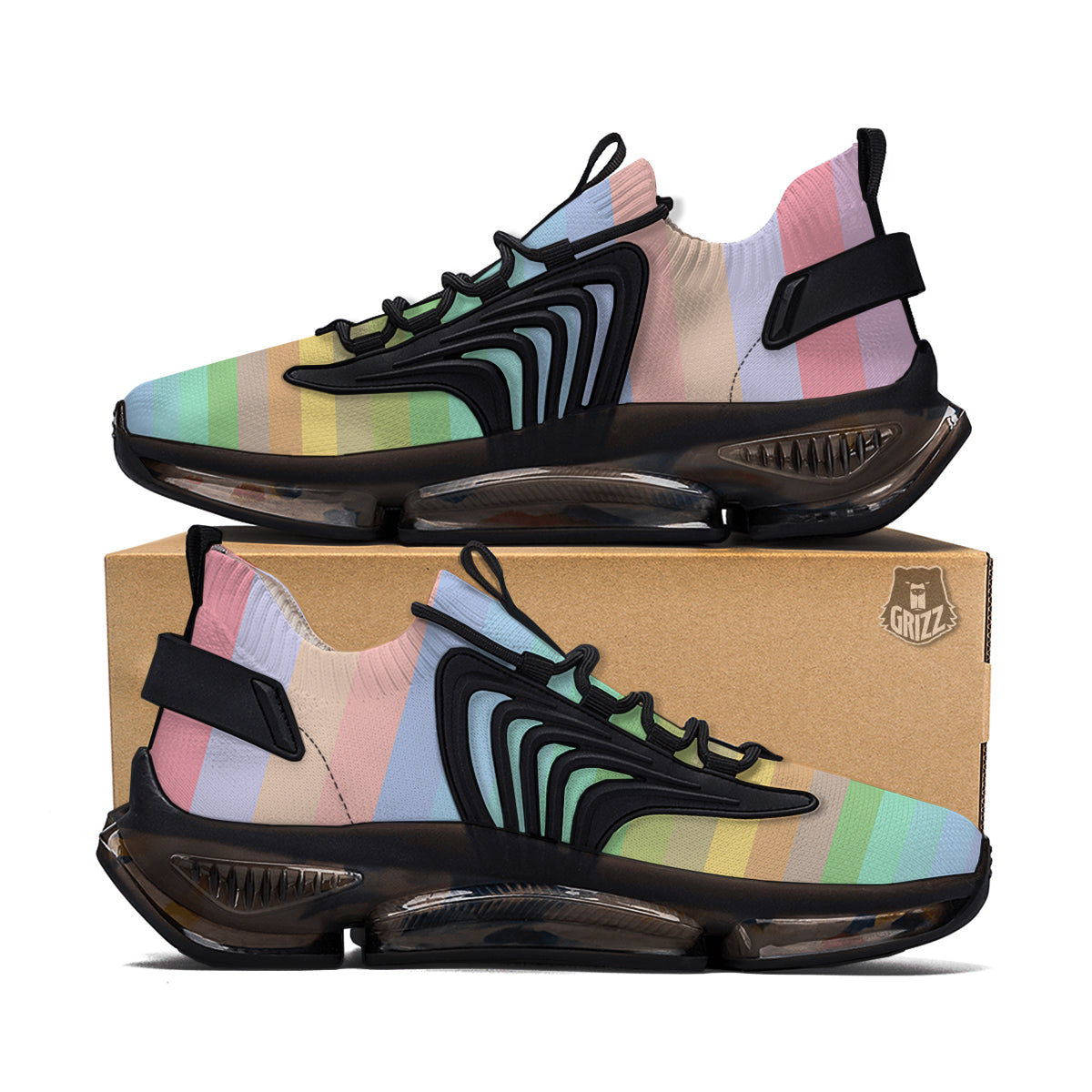 Stiped Rainbow Pastel Print Black Gym Shoes-grizzshop