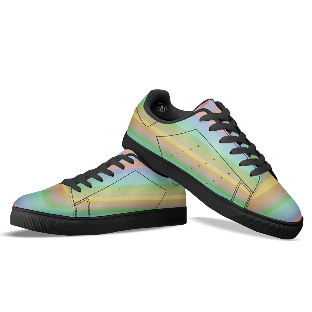 Stiped Rainbow Pastel Print Black Low Top Sneakers-grizzshop