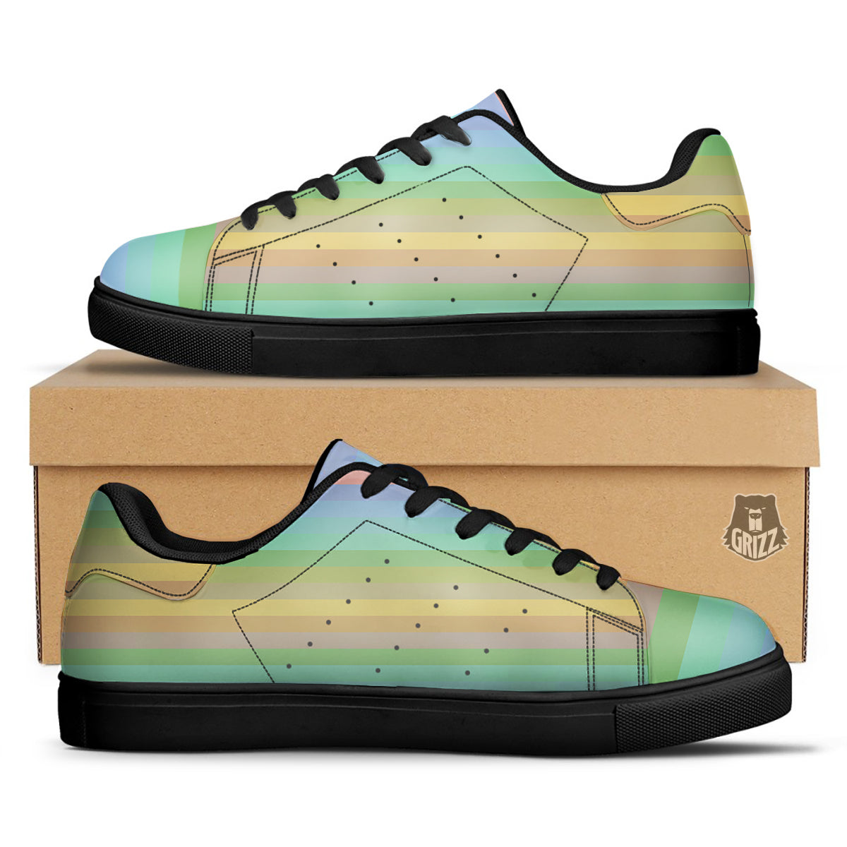 Stiped Rainbow Pastel Print Black Low Top Sneakers-grizzshop