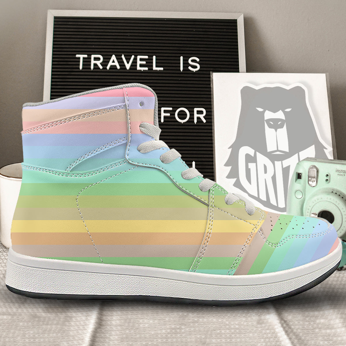 Stiped Rainbow Pastel Print High Top Sneakers-grizzshop