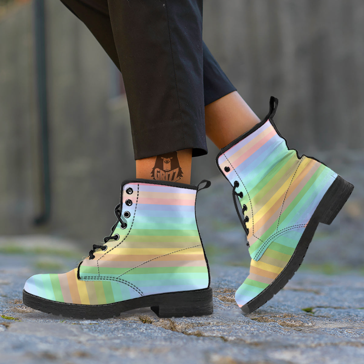 Stiped Rainbow Pastel Print Leather Boots-grizzshop