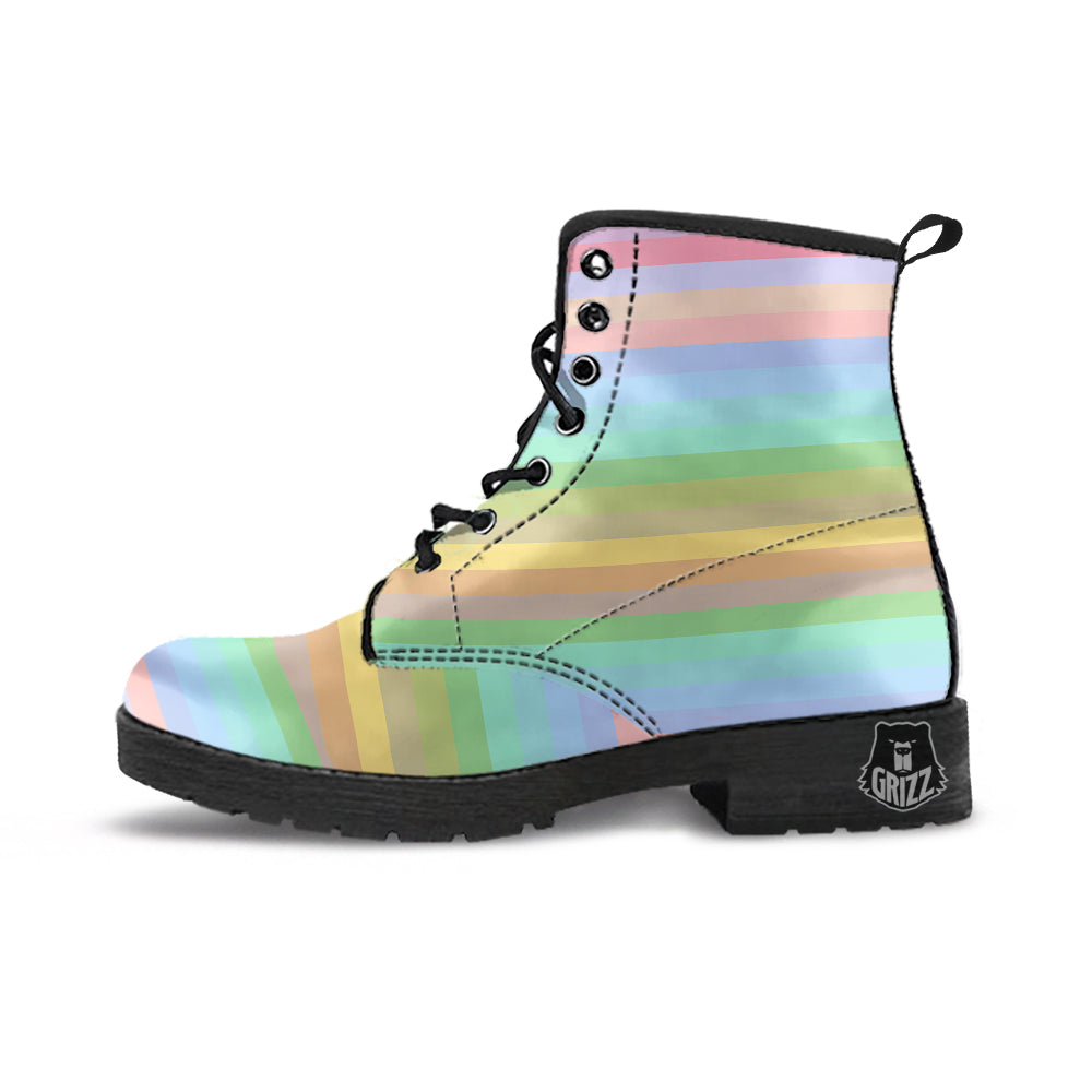 Stiped Rainbow Pastel Print Leather Boots-grizzshop