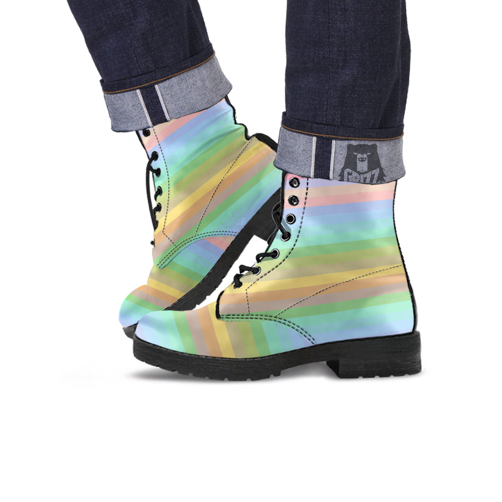 Stiped Rainbow Pastel Print Leather Boots-grizzshop