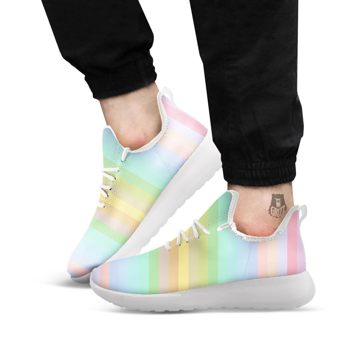 Stiped Rainbow Pastel Print White Athletic Shoes-grizzshop