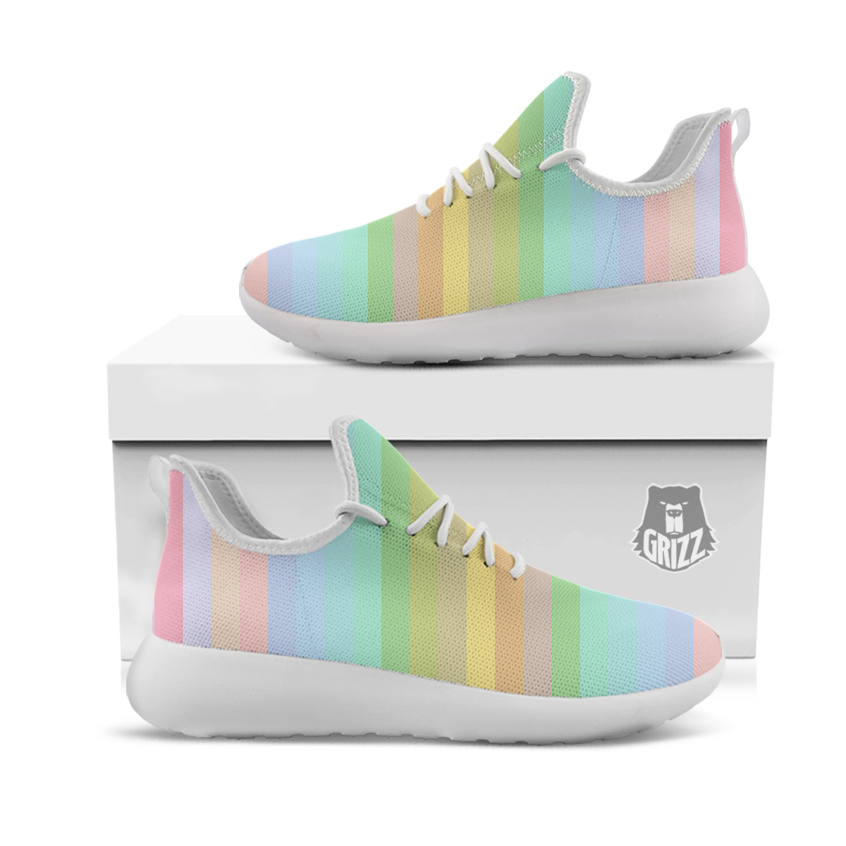 Stiped Rainbow Pastel Print White Athletic Shoes-grizzshop
