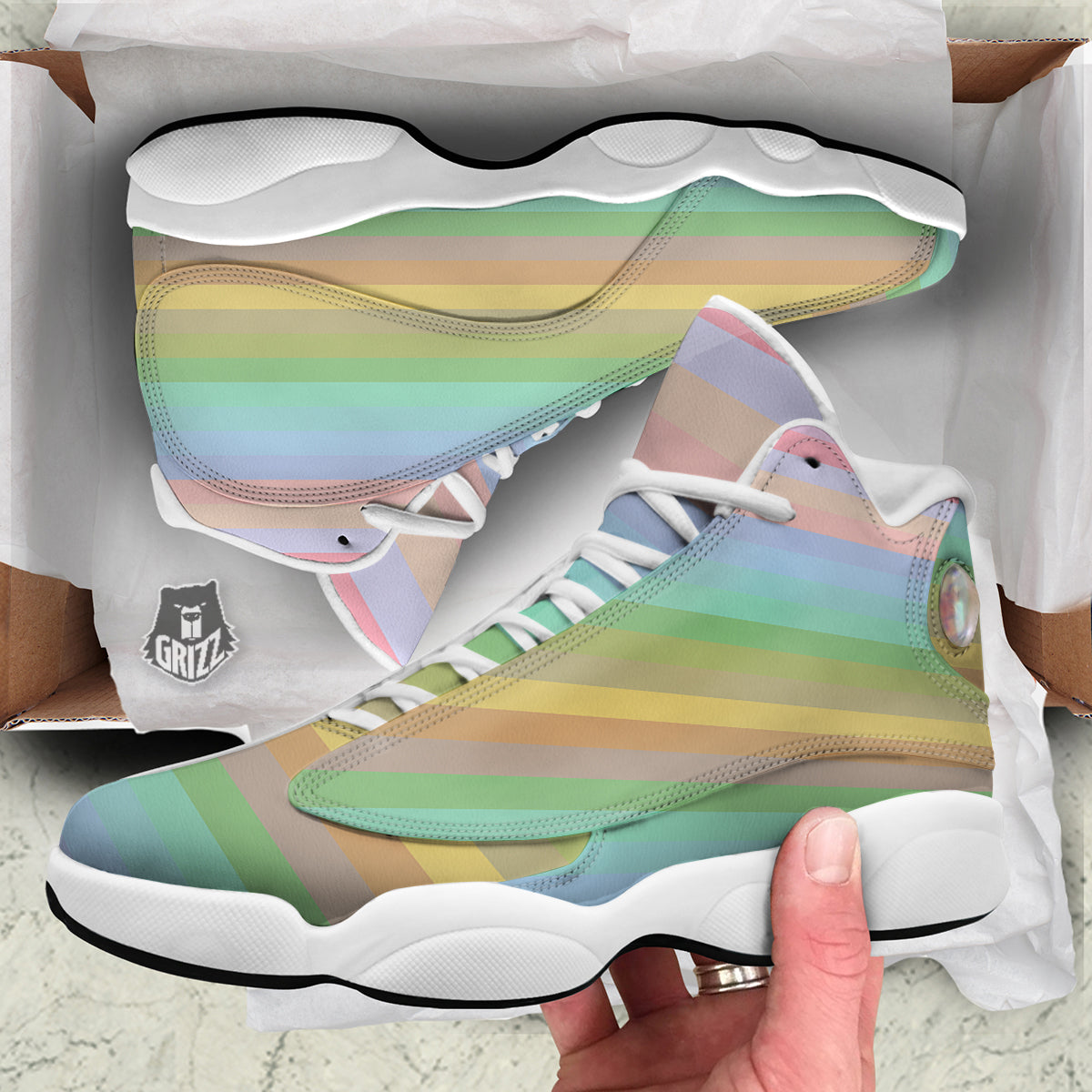Stiped Rainbow Pastel Print White Basketball Shoes-grizzshop