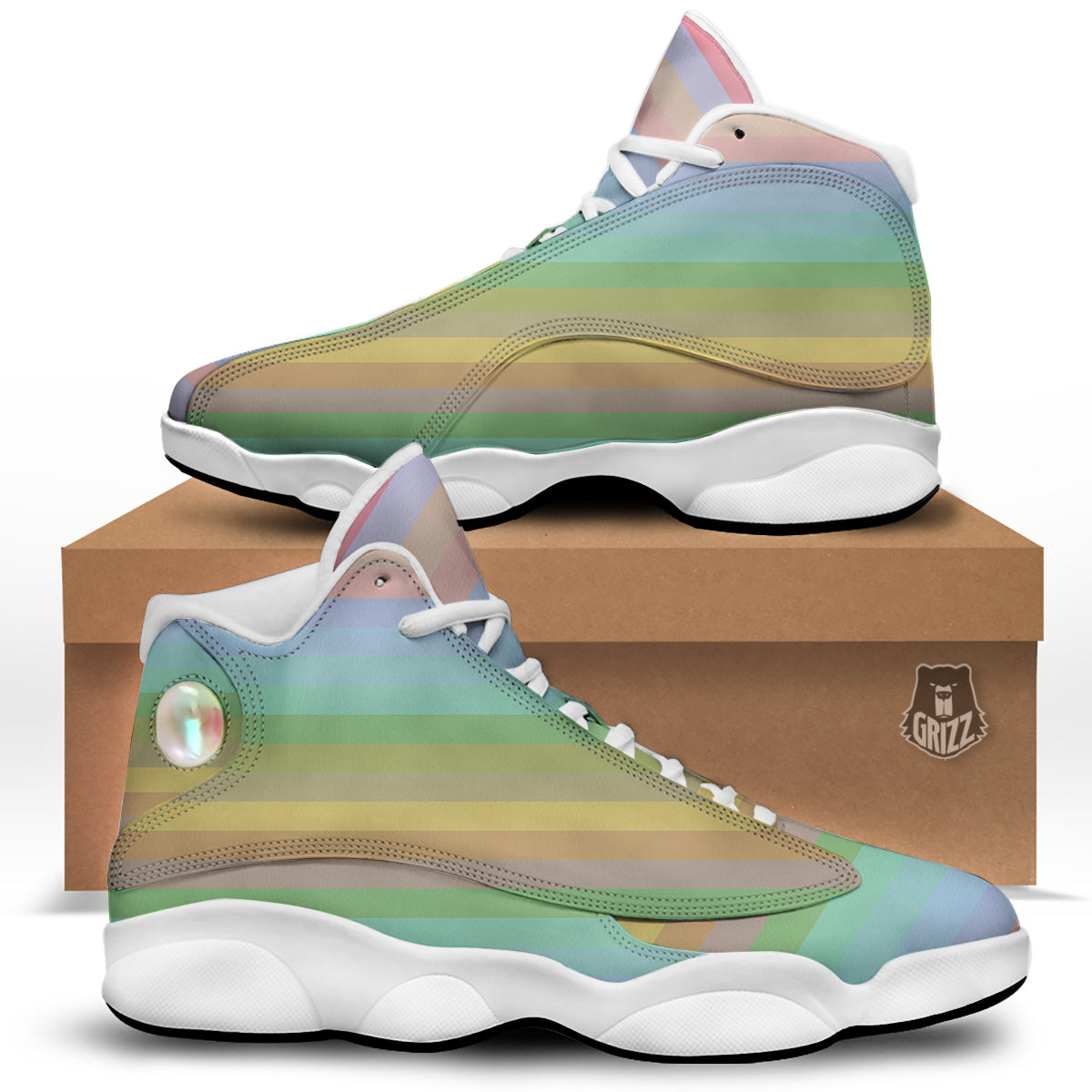 Stiped Rainbow Pastel Print White Basketball Shoes-grizzshop