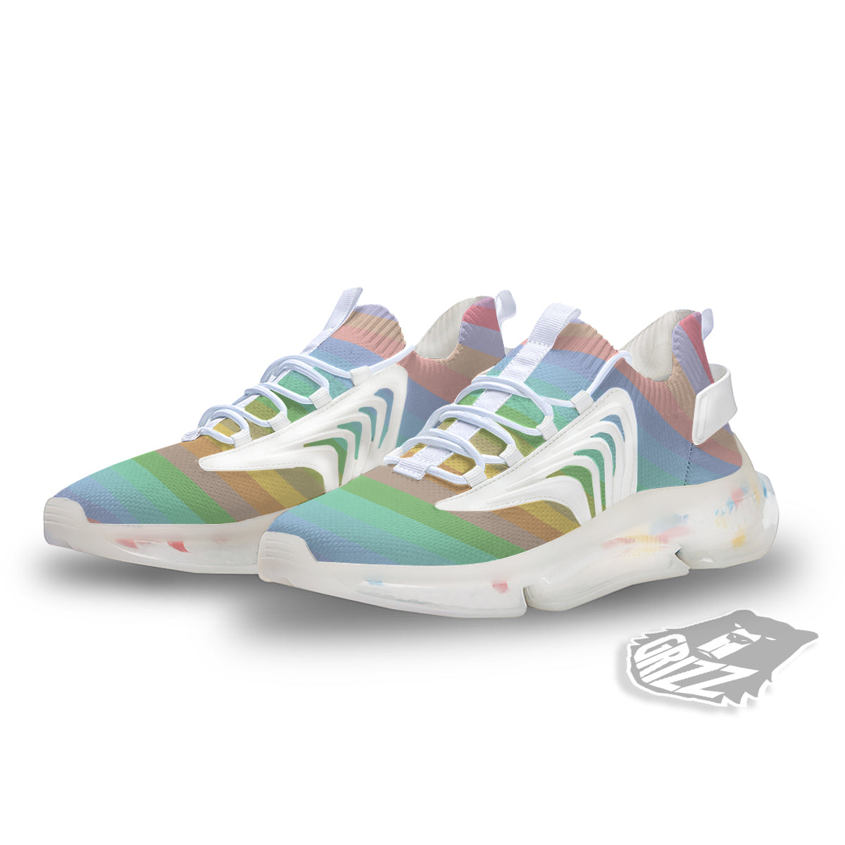Stiped Rainbow Pastel Print White Gym Shoes-grizzshop
