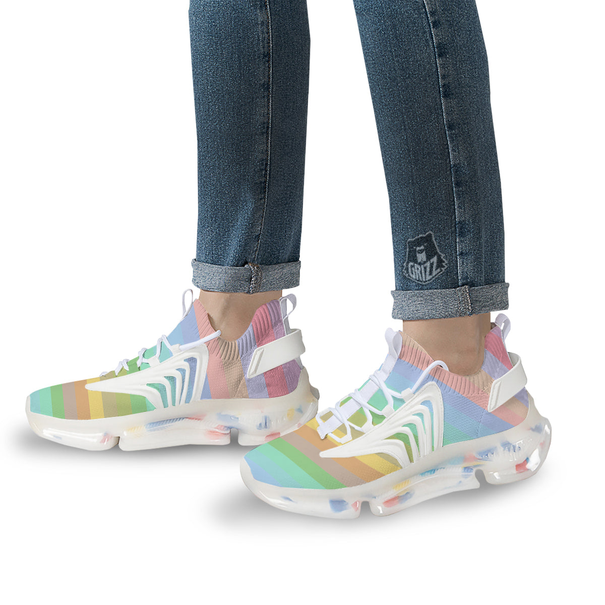Stiped Rainbow Pastel Print White Gym Shoes-grizzshop