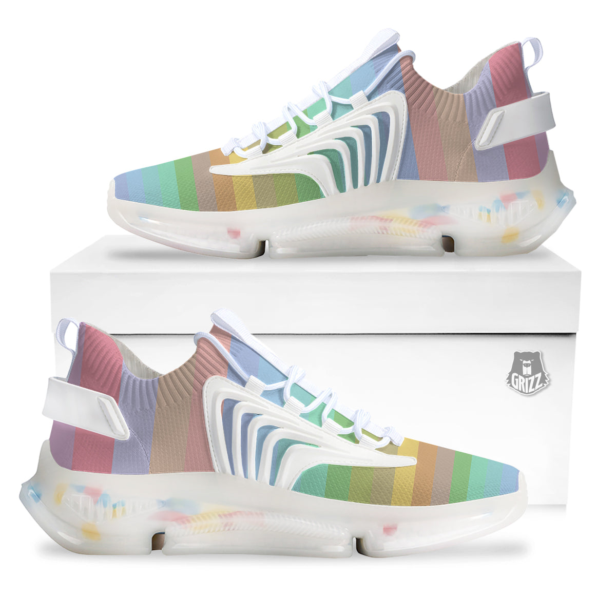 Stiped Rainbow Pastel Print White Gym Shoes-grizzshop
