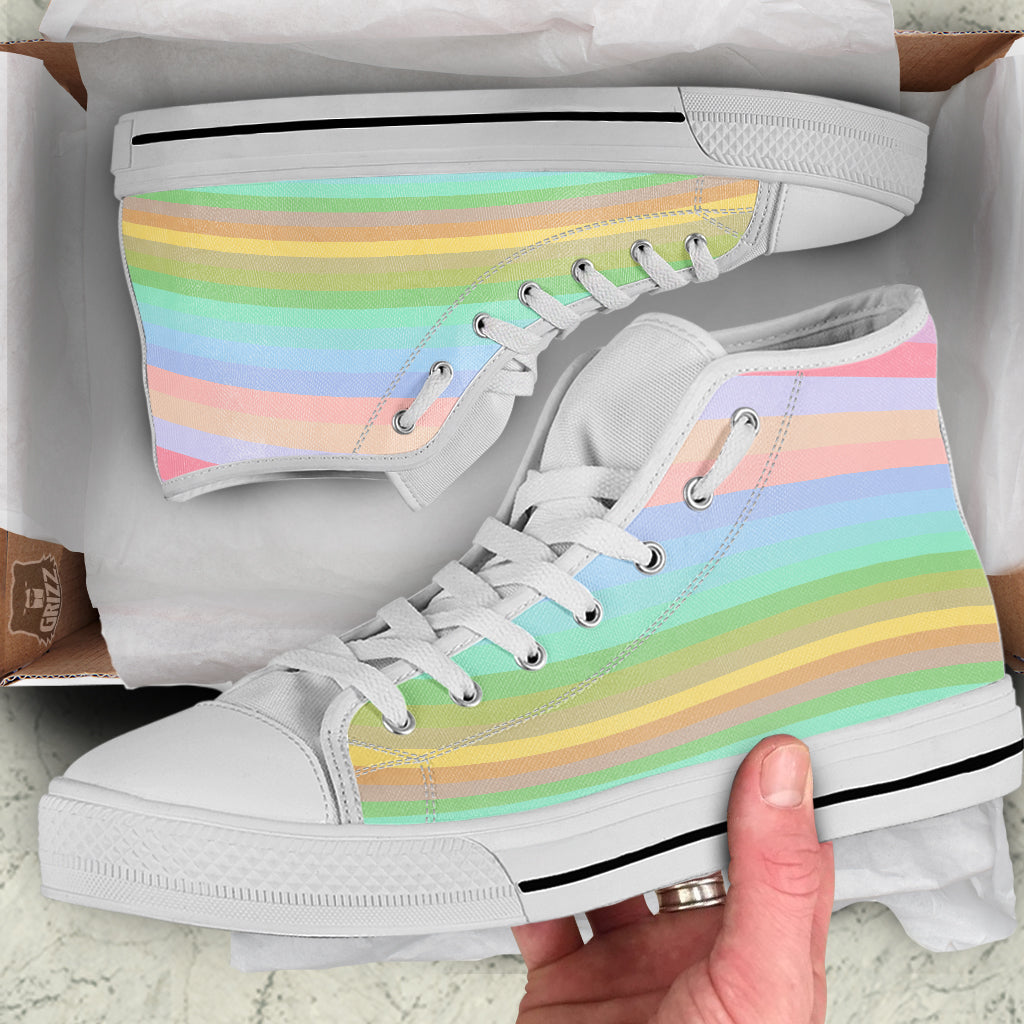 Stiped Rainbow Pastel Print White High Top Shoes-grizzshop