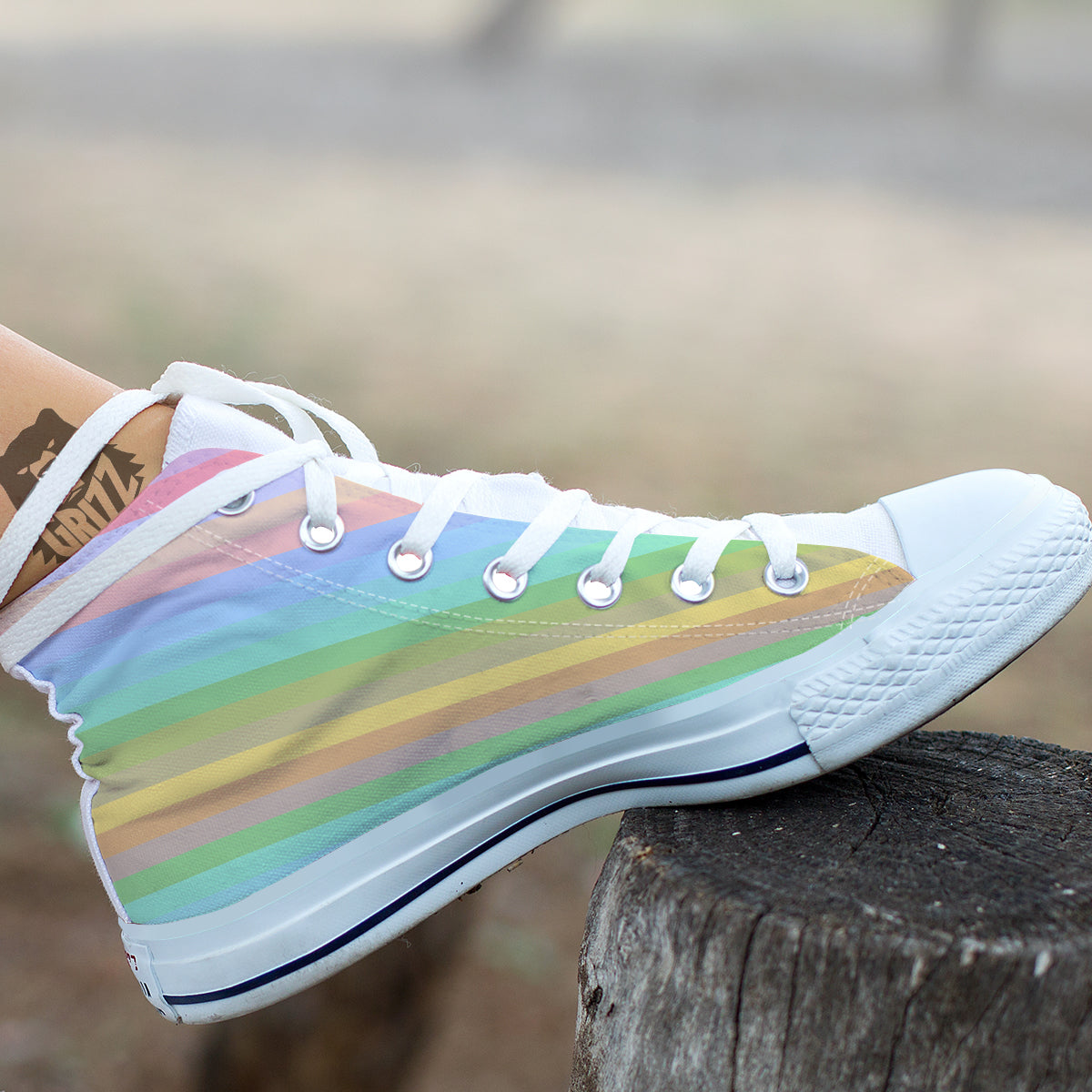 Stiped Rainbow Pastel Print White High Top Shoes-grizzshop