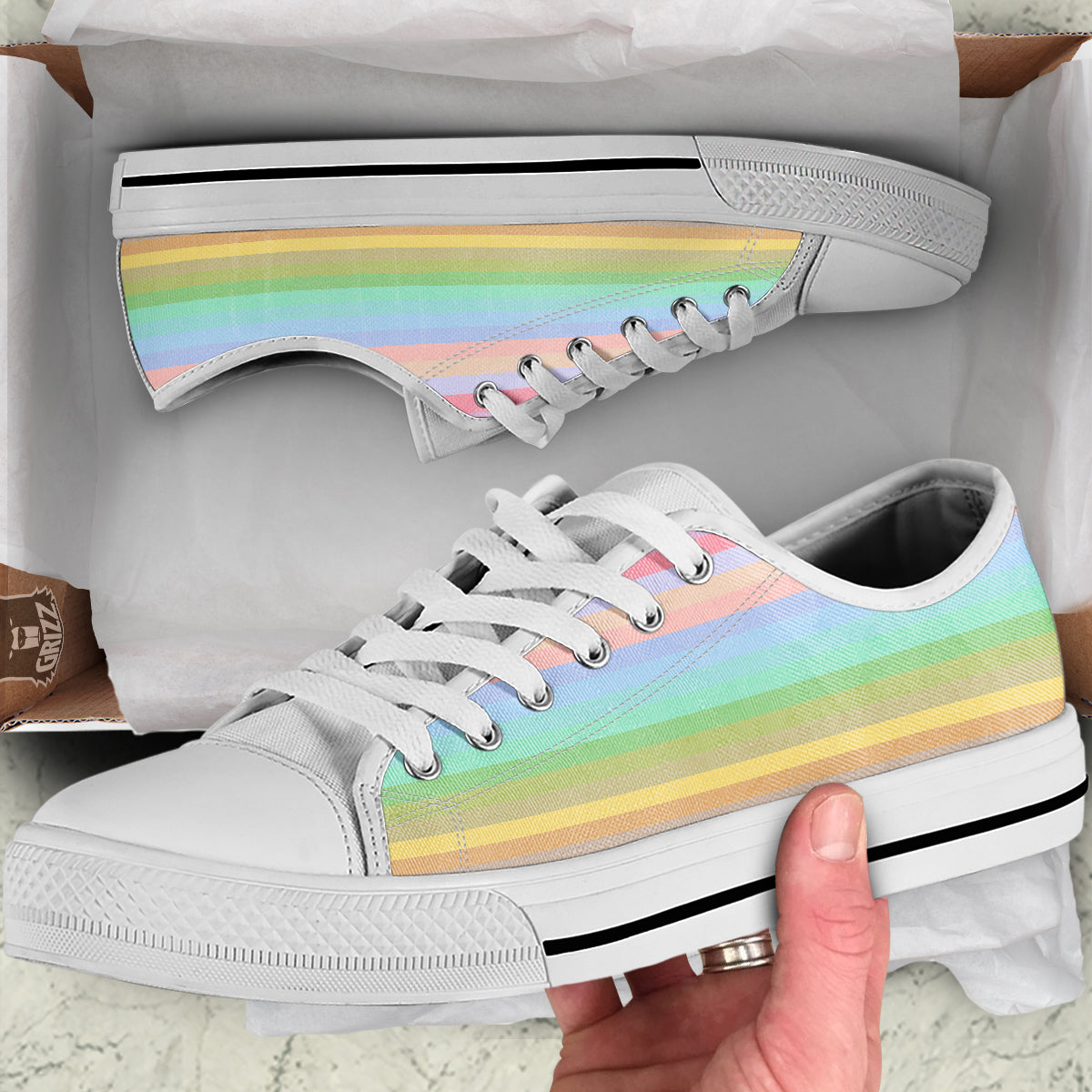 Stiped Rainbow Pastel Print White Low Top Shoes-grizzshop