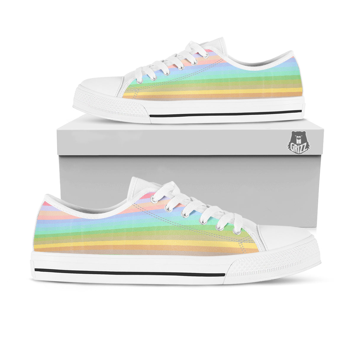 Stiped Rainbow Pastel Print White Low Top Shoes-grizzshop