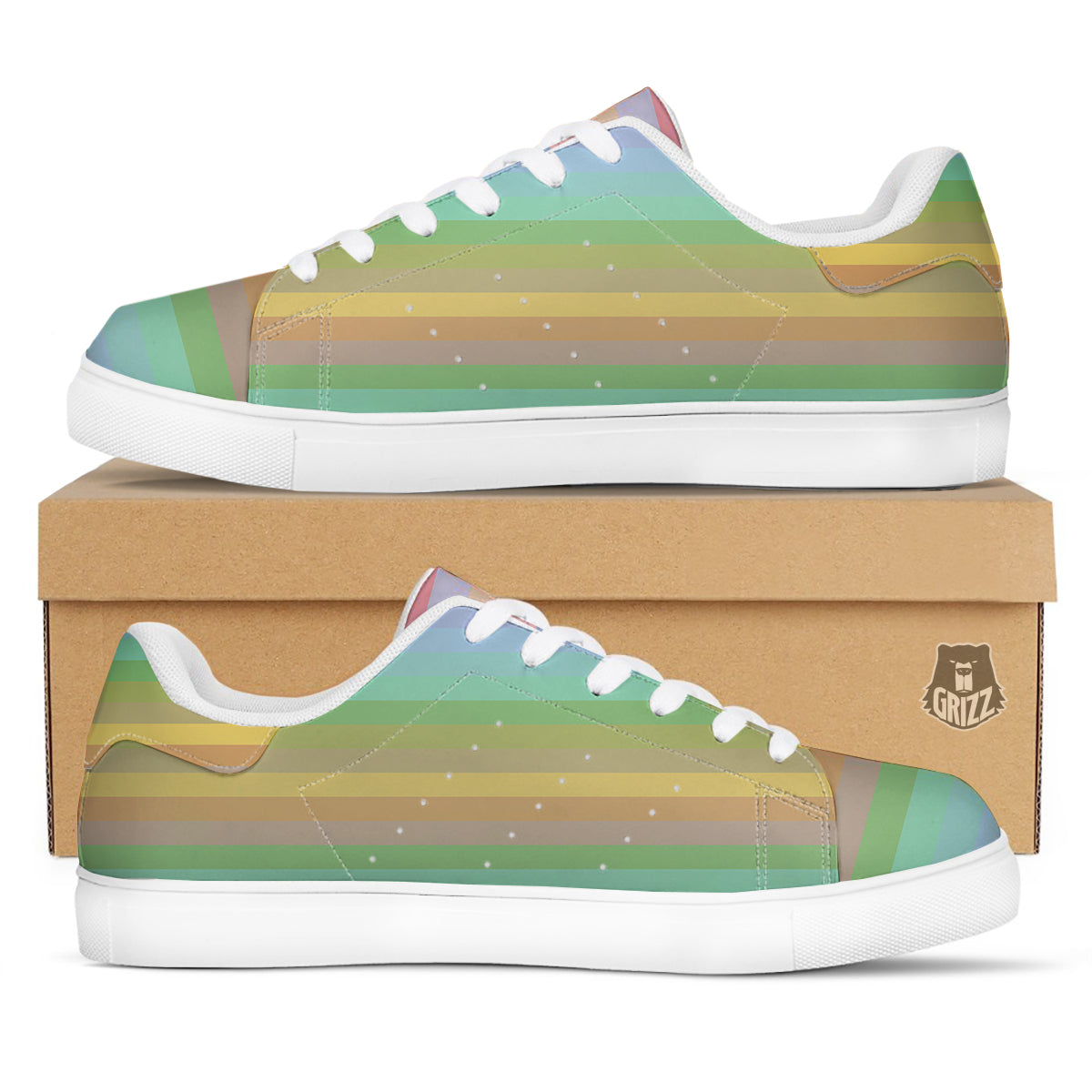 Stiped Rainbow Pastel Print White Low Top Sneakers-grizzshop