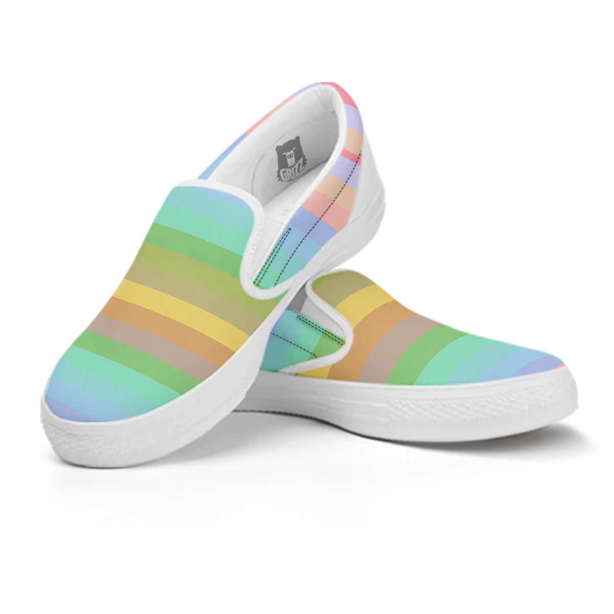 Stiped Rainbow Pastel Print White Slip On Shoes-grizzshop