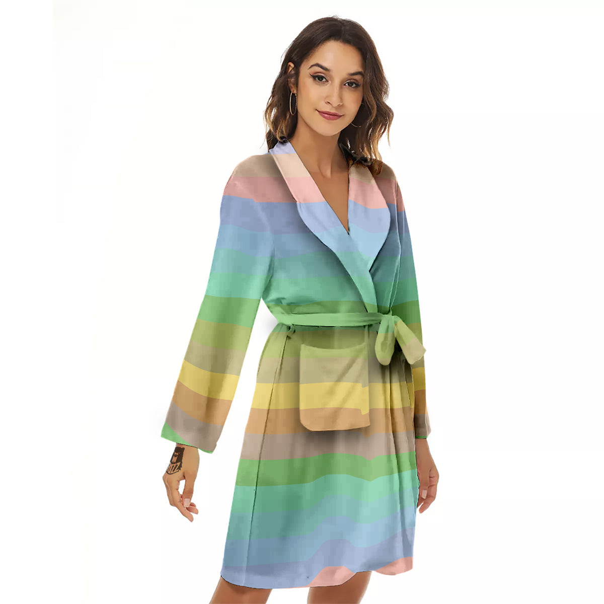 Stiped Rainbow Pastel Print Women's Robe-grizzshop