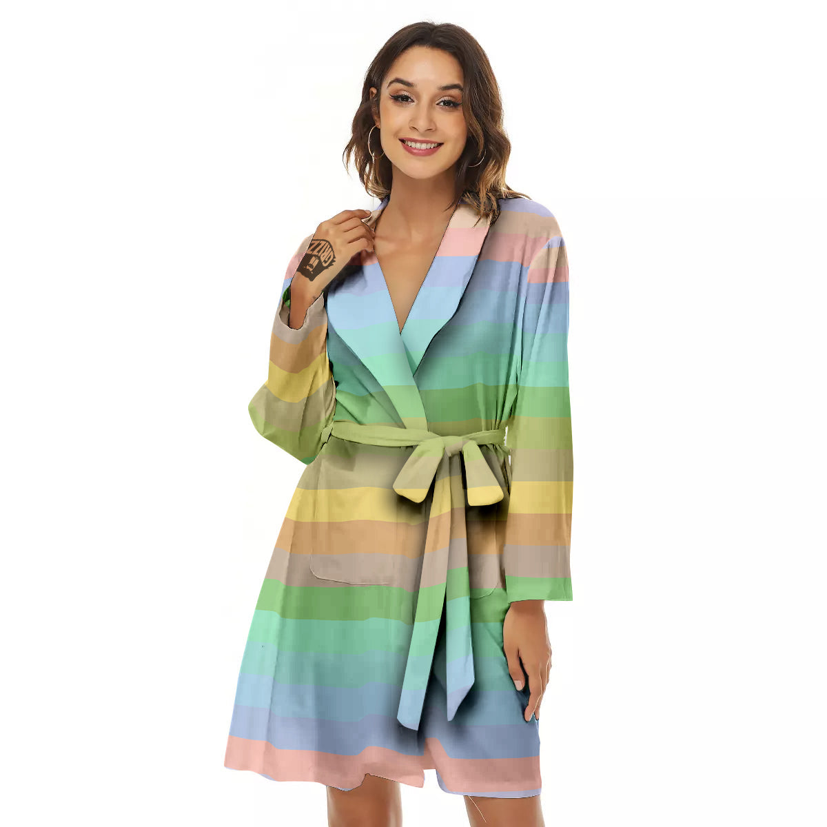 Stiped Rainbow Pastel Print Women's Robe-grizzshop