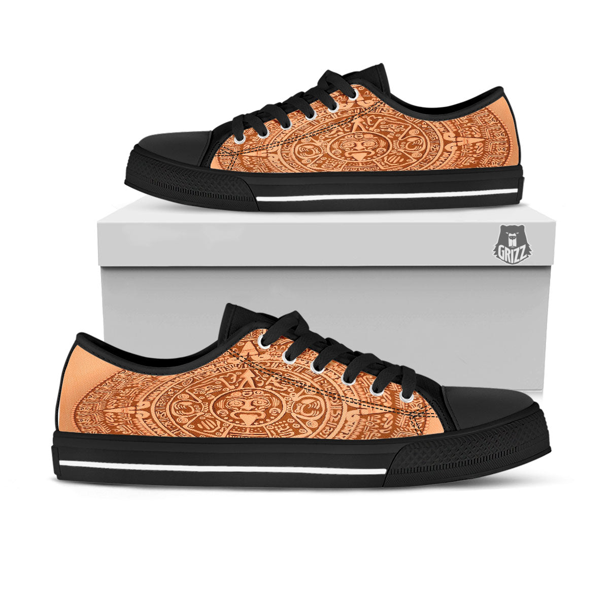 Stone Mayan Print Black Low Top Shoes-grizzshop