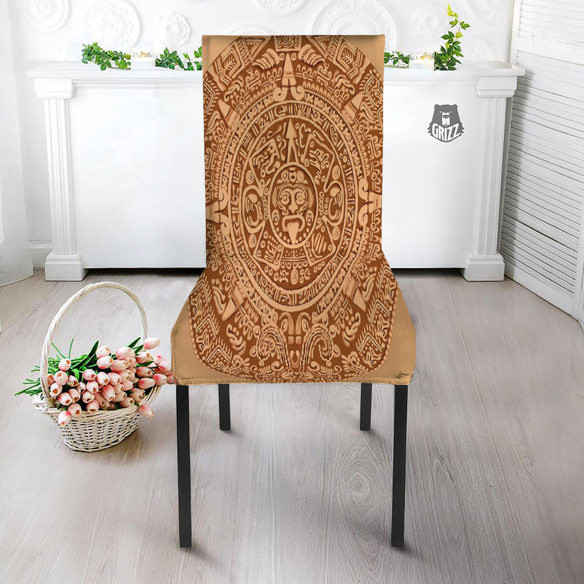 Stone Mayan Print Dining Chair Slipcover-grizzshop