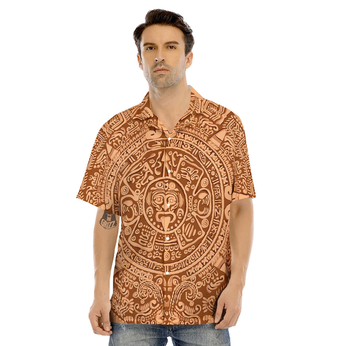 Stone Mayan Print Men's Hawaiian Shirt-grizzshop
