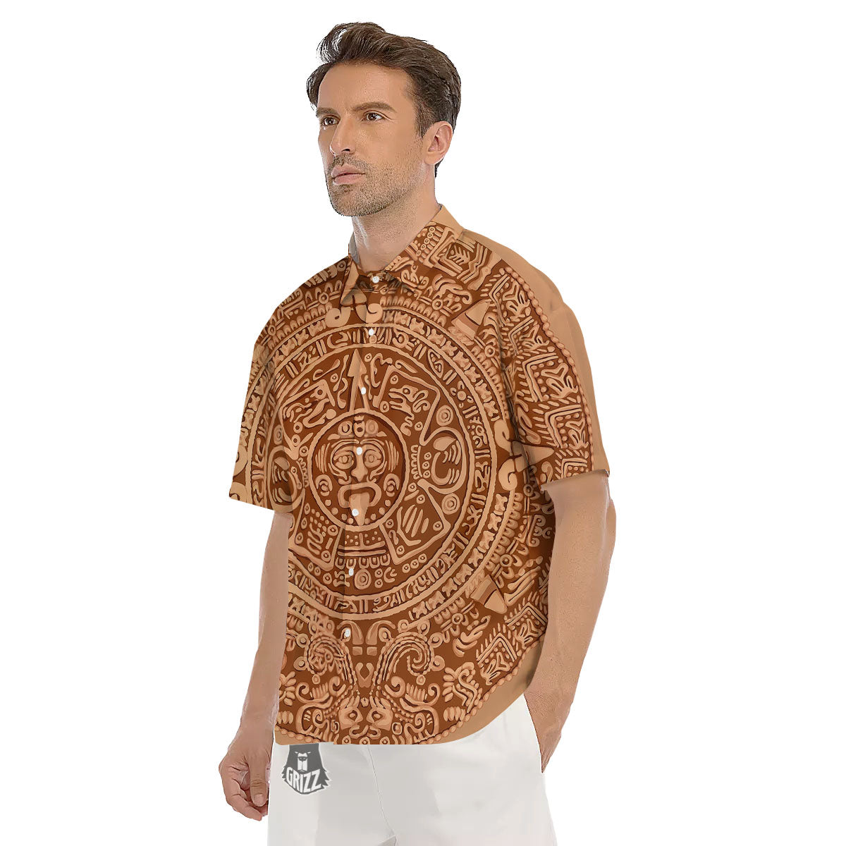 Stone Mayan Print Men's Short Sleeve Shirts-grizzshop