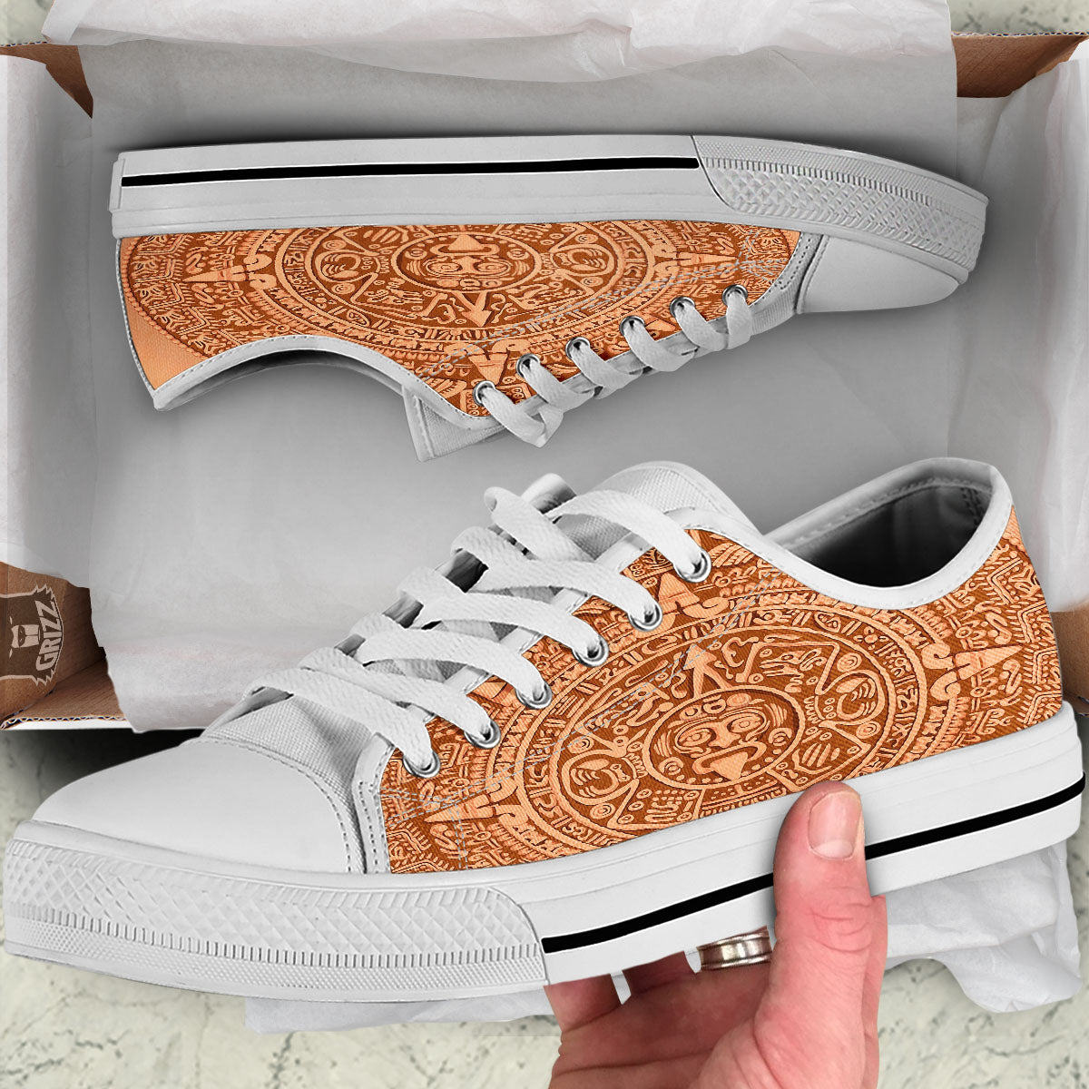 Stone Mayan Print White Low Top Shoes-grizzshop