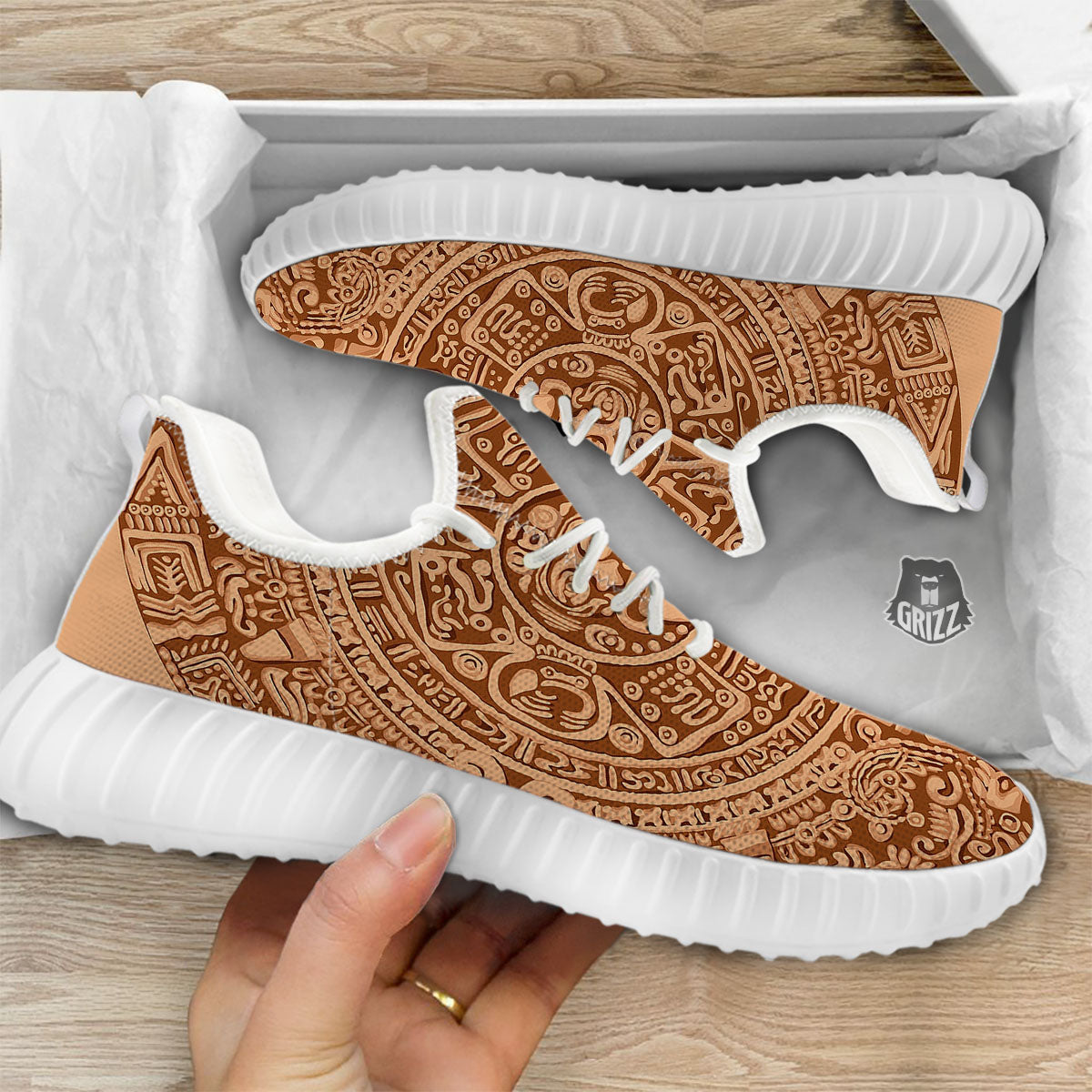 Stone Mayan Print White Walking Shoes-grizzshop