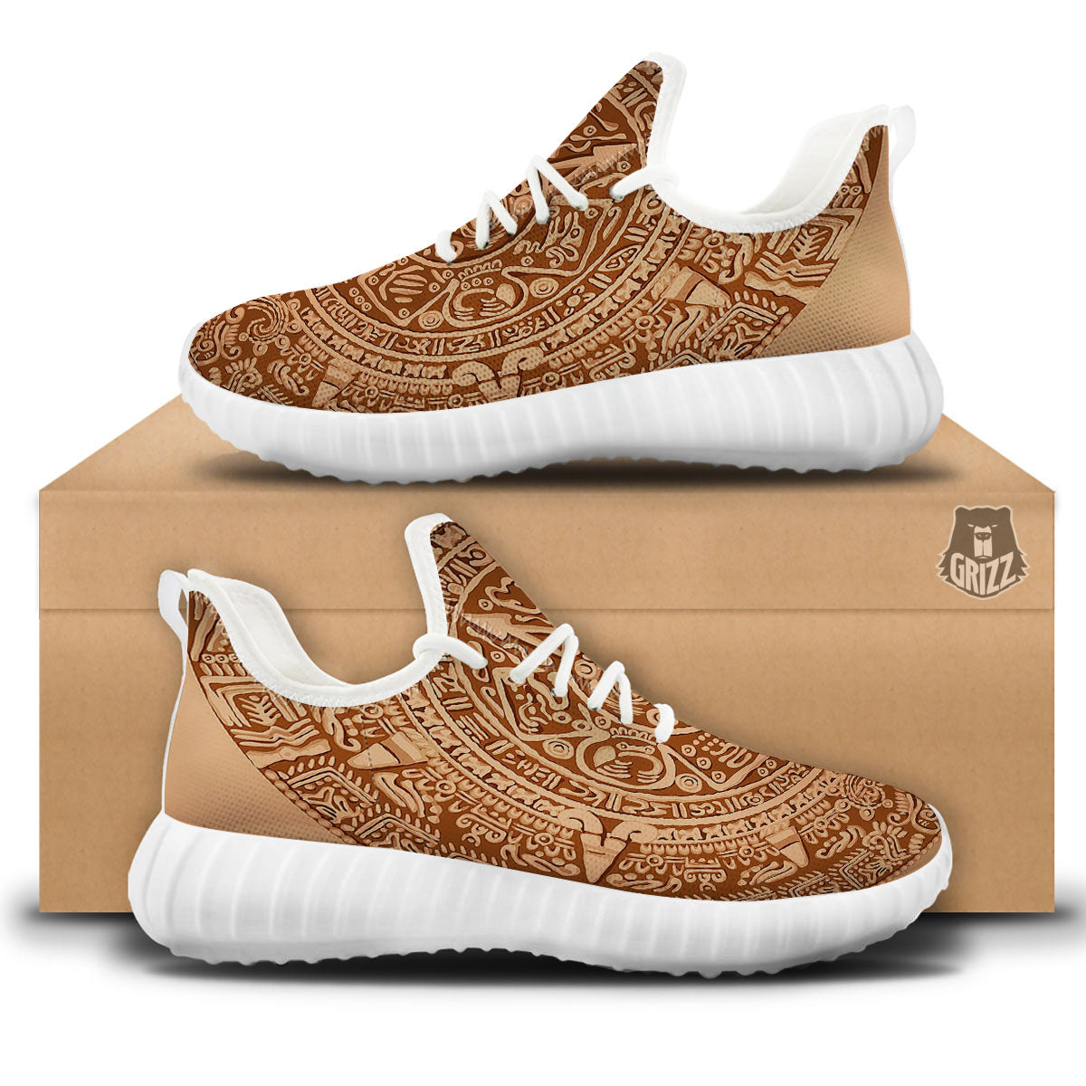 Stone Mayan Print White Walking Shoes-grizzshop