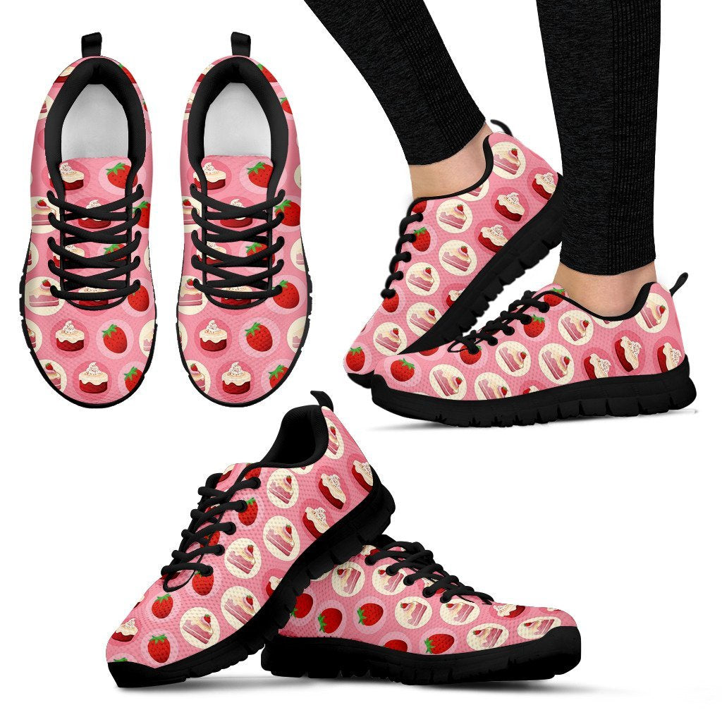 Strawberry Cake Pattern Print Black Sneaker Shoes For Men Women-grizzshop
