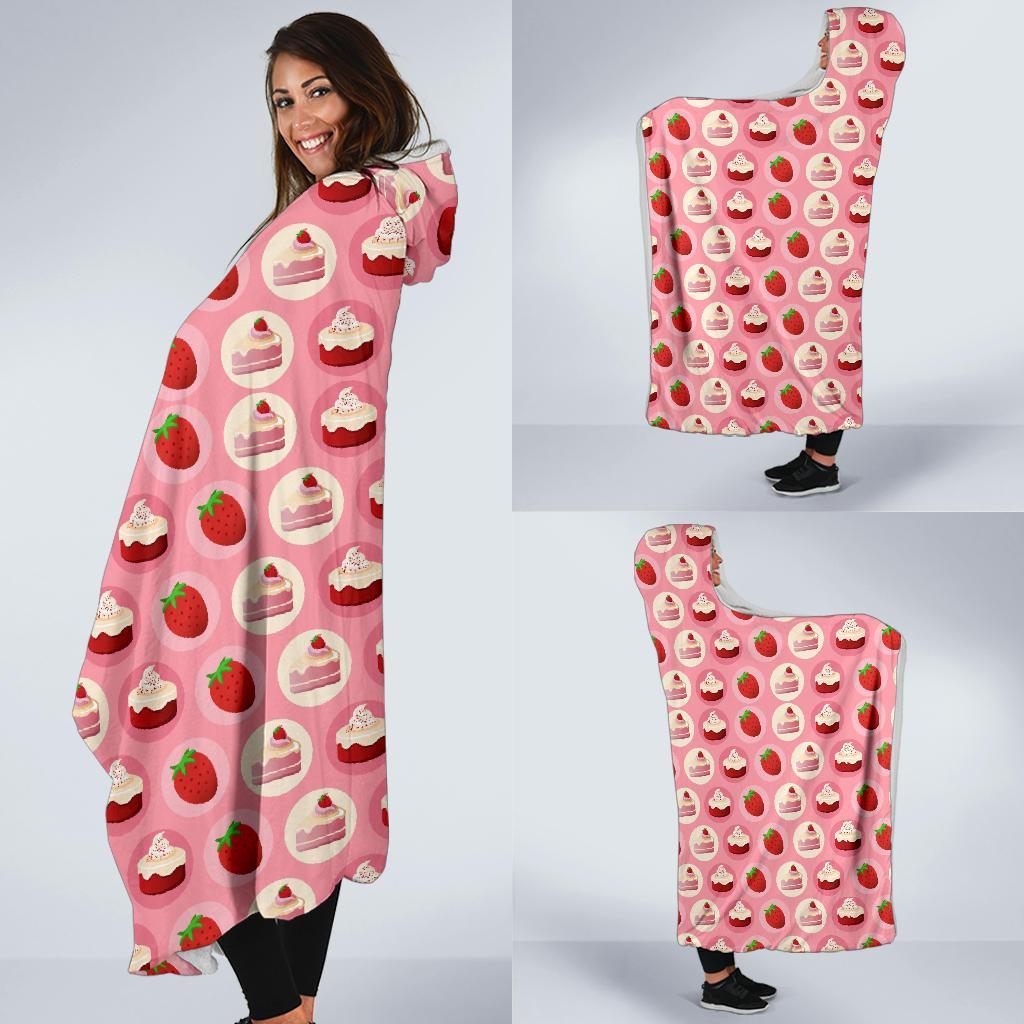 Strawberry Cake Pattern Print Hooded Blanket-grizzshop