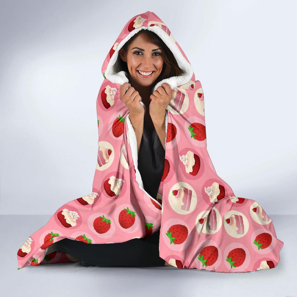 Strawberry Cake Pattern Print Hooded Blanket-grizzshop