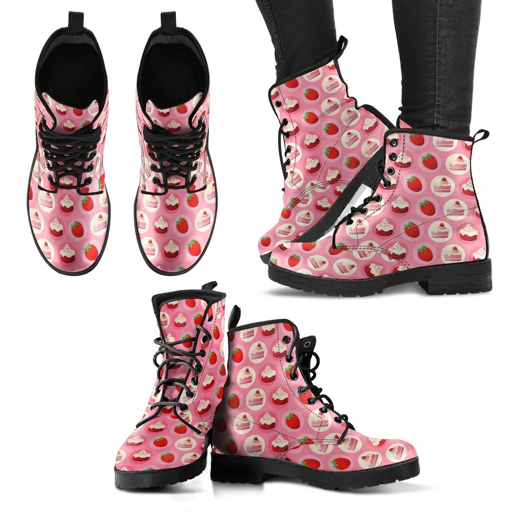Strawberry Cake Pattern Print Men Women Leather Boots-grizzshop