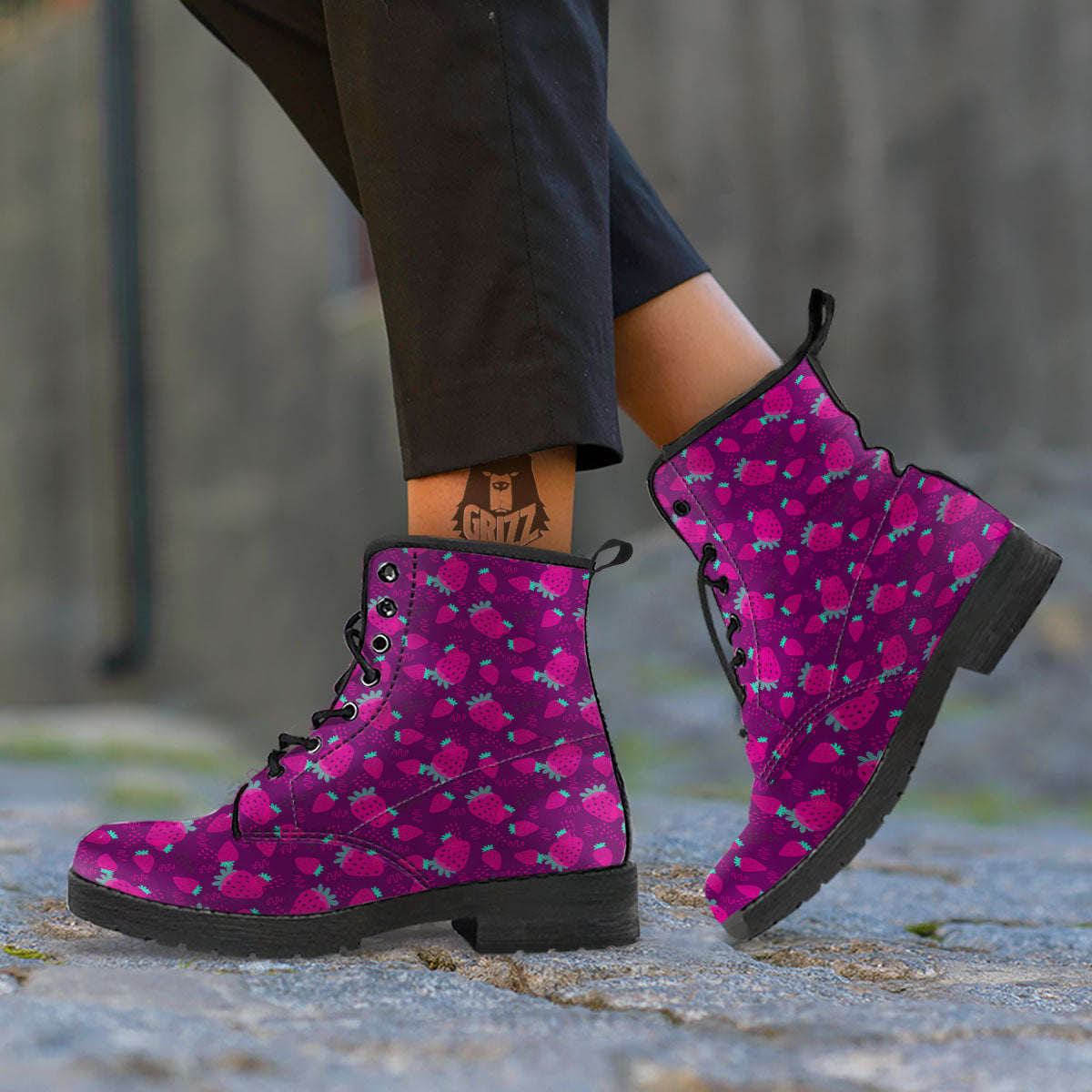 Strawberry Purple Print Pattern Leather Boots-grizzshop