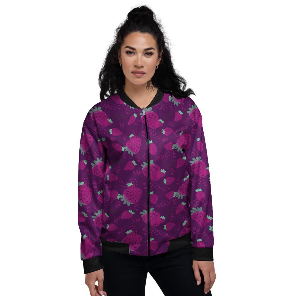 Strawberry Purple Print Pattern Women's Bomber Jacket-grizzshop