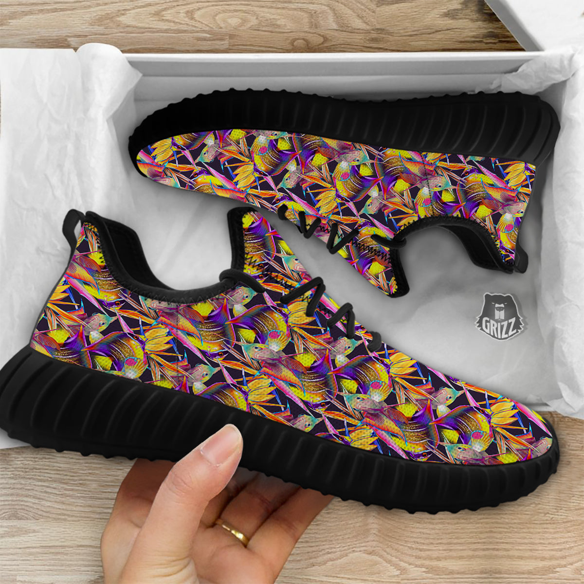 Strelitzia and Fish Tropical Exotic Print Pattern Black Walking Shoes-grizzshop