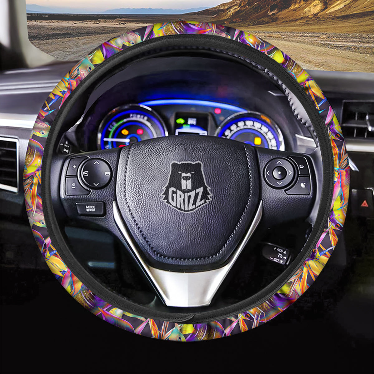 Strelitzia and Fish Tropical Exotic Print Pattern Car Steering Wheel Cover-grizzshop